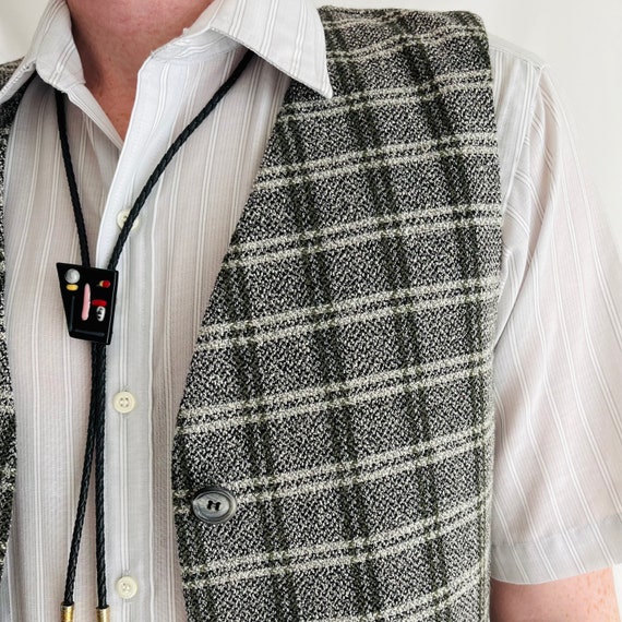 Vintage 1980s Gray Plaid Button Up Vest Size Medi… - image 2