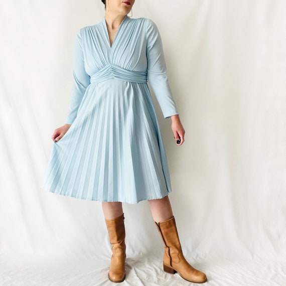 Vintage 1970s Light Blue Long Sleeve Aline Dress … - image 1