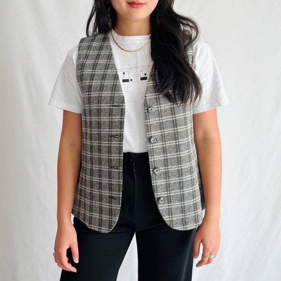 Vintage 1980s Gray Plaid Button Up Vest Size Medi… - image 6