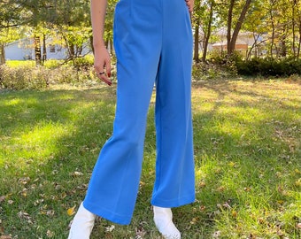 Vintage 1970s Blue Straight Flare Polyester Pants Size 4/6