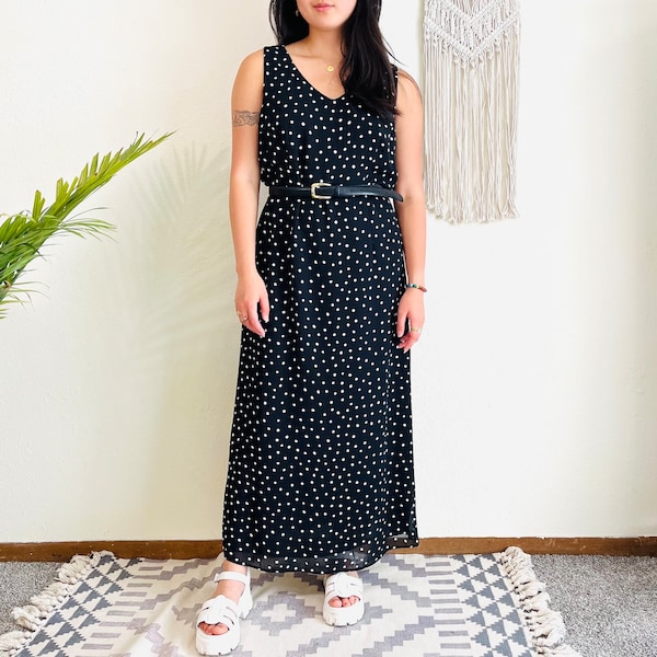 Vintage 80s Sleeveless Polka Dot Maxi Dress