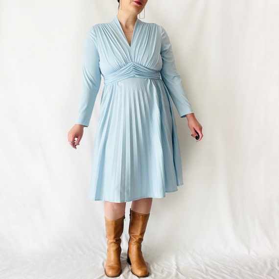 Vintage 1970s Light Blue Long Sleeve Aline Dress … - image 2