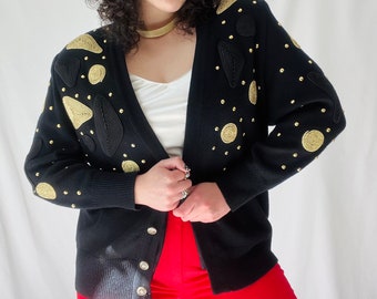 Vintage 1980s Black/Gold Embellished Cardigan Sweater Size Large