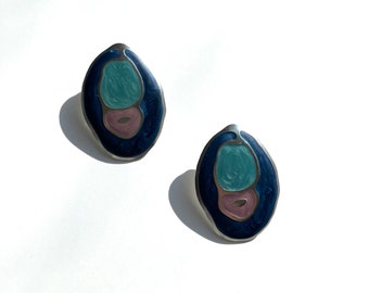 Vintage 1980s Blue/Purple/Silver Abstract Painterly Oval Drop Earrings