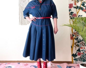 Vintage 1980s Dark Blue Fit & Flare Denim Western Midi Dress Size 16