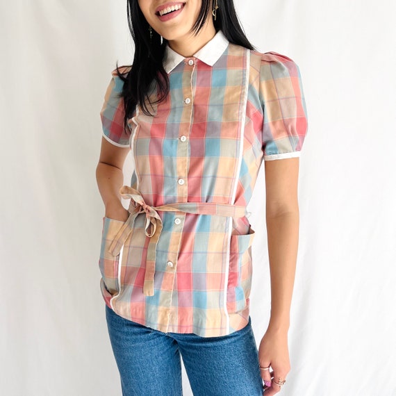 Vintage 1970s Plaid Puff Sleeve Button Up Top Siz… - image 2