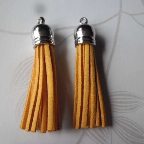 yellow/orange tassel x 2 tassels suede charms plastic silver 6 cm