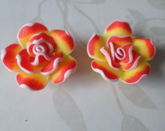 x 2 tone orange/yellow mat 20 mm polymer clay flower beads