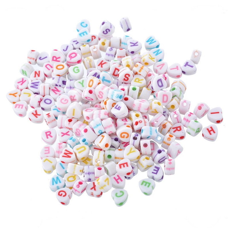 x 250 mixed beads letters alphabets multicolored acrylic hearts 6.8 x 6.5 mm