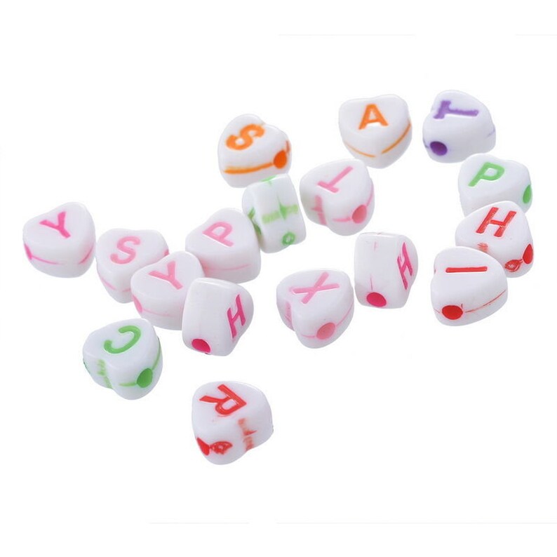x 250 mixed beads letters alphabets multicolored acrylic hearts 6.8 x 6.5 mm