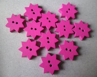 x 5 wooden star/flower fuchsia buttons 2 holes 19 x 20 mm