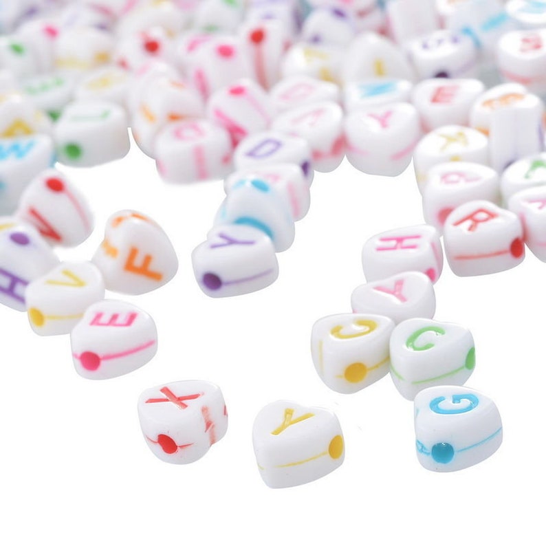 x 250 mixed beads letters alphabets multicolored acrylic hearts 6.8 x 6.5 mm