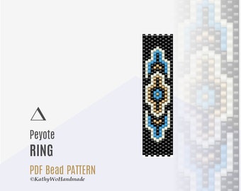 Beaded Ring Pattern, Odd Count Peyote Stitch, Miyuki Delica Design with Blue and Gold