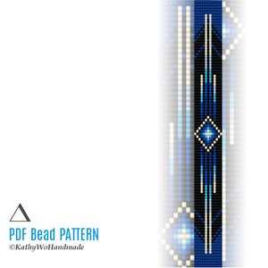 Könnte beinhalten: Ein Perlmuster für ein geperltes Armband mit einem geometrischen Design in Blautönen, Weiß und Schwarz. Das Muster ist als PDF-Download verfügbar.