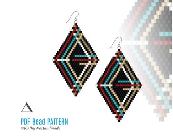 Puede incluir: Un par de pendientes de cuentas geométricas con un esquema de color negro, blanco, rojo y turquesa. Los pendientes tienen forma de diamante y un diseño moderno y minimalista.