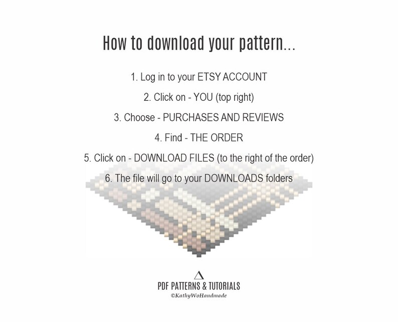 Puede incluir: Un fondo blanco con texto negro que explica c&oacute;mo descargar un patr&oacute;n digital de Etsy. El texto incluye los pasos: Inicie sesi&oacute;n en su cuenta de Etsy, haga clic en "Usted", elija "Compras y rese&ntilde;as", busque "El pedido", haga clic en "Descargar archivos" y el archivo se guardar&aacute; en su carpeta Descargas. La imagen tambi&eacute;n incluye el texto "Patrones PDF y tutoriales" y "KathyWoHandmade".