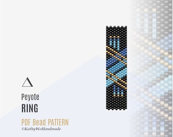 Odd Count Peyote Ring Pattern, Blue Shades Design with Gold Accents, Seed Bead Pattern
