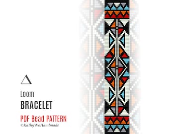 May include: A loom bracelet pattern featuring a geometric design with black, white, orange, red, and blue beads. The pattern is titled "Loom Bracelet PDF Bead Pattern" and includes the copyright information "©KathyWoHandmade".