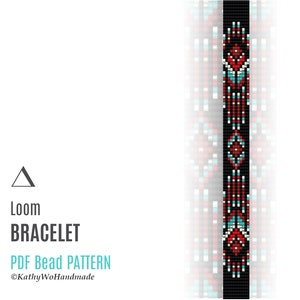 May include: A loom bracelet bead pattern with a geometric design featuring red, white, and blue beads on a black background. The pattern is titled "Loom Bracelet PDF Bead Pattern" and includes the copyright information "©KathyWoHandmade".
