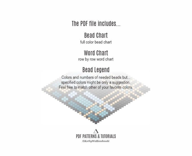 Puede incluir: Una ilustraci&oacute;n digital de un dise&ntilde;o de cuentas con un esquema de color gris, blanco y azul claro. La imagen incluye texto que dice "El archivo PDF incluye... Gr&aacute;fico de cuentas, gr&aacute;fico de cuentas a color completo, Gr&aacute;fico de palabras, gr&aacute;fico de palabras fila por fila, Leyenda de cuentas, Colores y n&uacute;meros de cuentas necesarias pero... los colores especificados pueden ser solo una sugerencia. Si&eacute;ntete libre de combinar otros de tus colores favoritos." La imagen tambi&eacute;n incluye el texto "PATRONES Y TUTORIALES PDF &copy;KathyWoHandmade".
