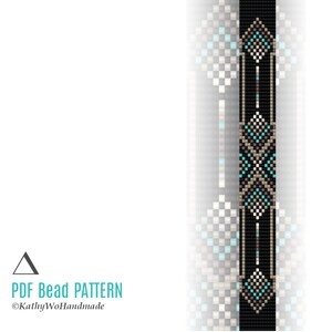 May include: A beaded bracelet pattern featuring a geometric design with black, brown, beige, and turquoise beads. The pattern is shown on a white background with the text "PDF Bead Pattern ©KathyWoHandmade".