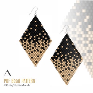 May include: A pair of black and gold diamond-shaped earrings with a gradient pattern. The earrings are made with seed beads and have a simple wire hook closure.