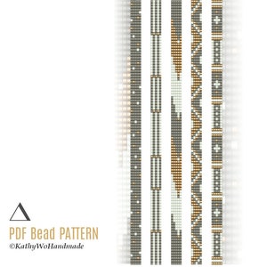 Puede incluir: Cinco patrones de abalorios diferentes en negro, blanco y dorado. Los patrones son verticales e incluyen formas geométricas y líneas.  PDF Bead Pattern ©KathyWoHandmade