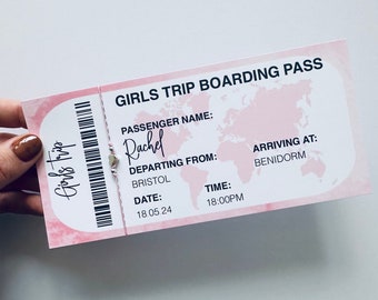 May include: A pink and white boarding pass with the text "Girls Trip Boarding Pass" and a world map. The passenger name is "Rachel", the departure city is Bristol, the departure date is 18.05.24, the departure time is 18:00PM, and the arrival city is Benidorm.