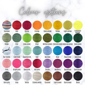 May include: A colour chart displaying a range of cord colours for jewellery making. The colours include rainbow, red, cerise, orange, deep yellow, yellow, light yellow, luminous yellow, green, Eton, lime green, olive, military green, emerald green, deep sea green, dark green, light blue, aquamarine, teal, sky blue, blue, royal blue, dark blue, pink, bright pink, deep pink, hot pink, purple, mulberry, byzantium, dark purple, dark grey, grey, white, creamy white, caramel, light brown, dark brown, and black.