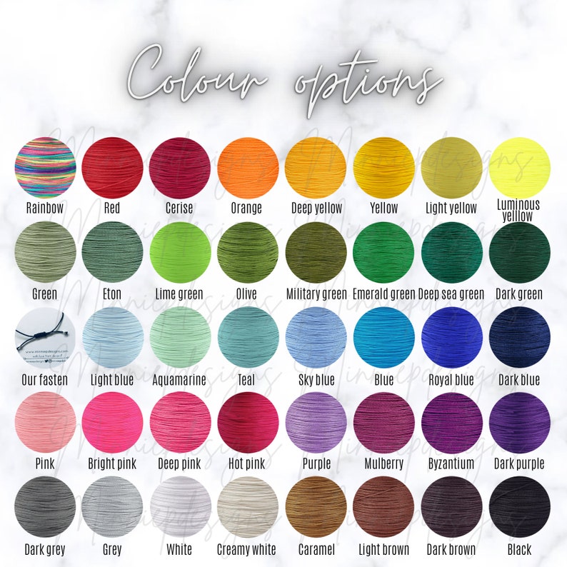 May include: A colour chart displaying a range of cord colours for jewellery making. The colours include rainbow, red, cerise, orange, deep yellow, yellow, light yellow, luminous yellow, green, Eton, lime green, olive, military green, emerald green, deep sea green, dark green, light blue, aquamarine, teal, sky blue, blue, royal blue, dark blue, pink, bright pink, deep pink, hot pink, purple, mulberry, byzantium, dark purple, dark grey, grey, white, creamy white, caramel, light brown, dark brown, and black.