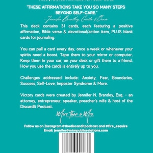 May include: A teal blue background with white text that reads "Victory: Biblical Affirmation & Action Cards" and "These affirmations take you so many steps beyond self-care." The text also includes the creator's name, Jennifer Brantley, and the title "More Than a Mrs." The image also includes a barcode.