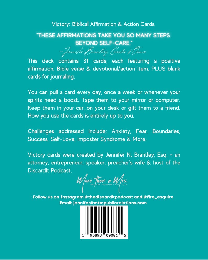 May include: A teal blue background with white text that reads "Victory: Biblical Affirmation & Action Cards" and "These affirmations take you so many steps beyond self-care." The text also includes the creator's name, Jennifer Brantley, and the title "More Than a Mrs." The image also includes a barcode.