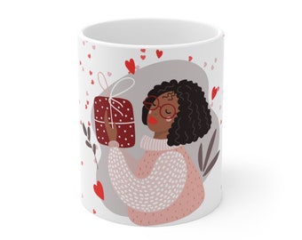 Self Care Ceramic Mug 11oz - Valentines Day - Love Mug - His and Hers - Hearts Mug - Galentine - Black Woman Mug - valentines gift