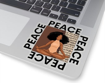 May include: A sticker with a black woman meditating with the word "PEACE" repeated four times around her.