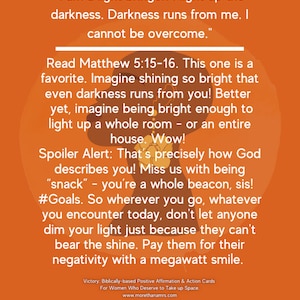 May include: An orange background with a motivational quote about being a light bringer and overcoming darkness. The quote is from Matthew 5:15-16. The text also includes the hashtag #Goals.