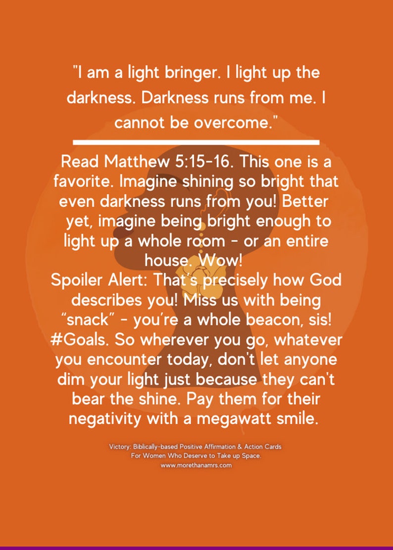 May include: An orange background with a motivational quote about being a light bringer and overcoming darkness. The quote is from Matthew 5:15-16. The text also includes the hashtag #Goals.