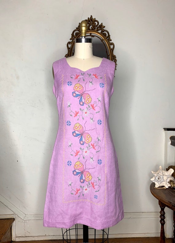 Vintage handmade purple linen dress with butterfl… - image 1