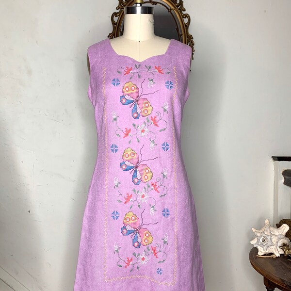 Vintage Linen Purple Flower Print Tunic Dress main image 1