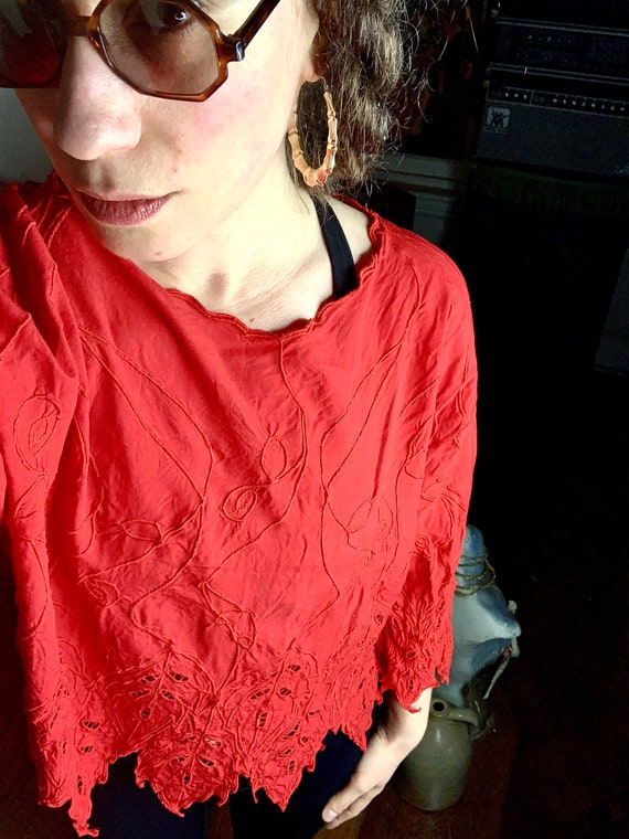 Vintage Marcia and Me red blouse with cut away pa… - image 1