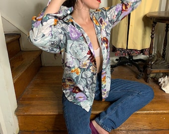 vintage floral silk shirt - ilio 100% silk blouse button up size small