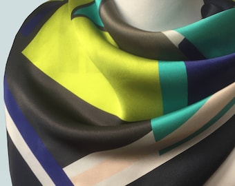 The Betsy Scarf - Lime Luxury scarf, printed, gift idea for women, square silk, ethical , Art Deco, geometric Bold