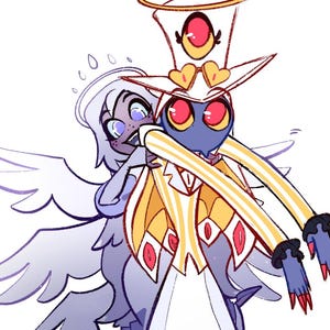 May include: Whimsical illustration of two cartoon characters. One is a blue-skinned figure with a top hat and long arms, wearing a yellow and red outfit. The other is a winged figure with a halo, embracing the first. A smaller image is in the corner.