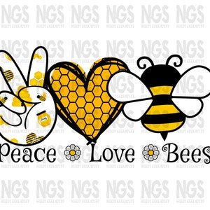 Könnte beinhalten: Frieden, Liebe, Bienen Grafik mit einem Peace-Zeichen, einem Herzen und einer Biene. Das Peace-Zeichen ist mit Waben und Bienen gemustert. Das Herz ist mit einem Wabenmuster gefüllt. Die Biene ist schwarz und gelb mit weißen Flügeln.
