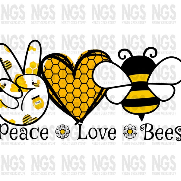 Peace Love Bees heart sublimation DTG and transfer ready PNG