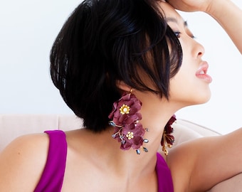 Burgundy bridal earrings Maroon Statement floral earrings Long vine wedding earrings Red flower bridal earrings Oversized long earrings