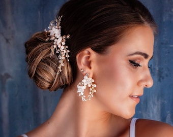 Bridal statement earrings Floral bridal earrings Modern bridal oval hoops Oval hoop earrings Floral wedding earrings Wedding jewelry LIANA