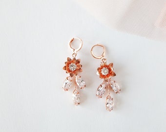 Rose gold Crystal bridal earrings Crystal jewelry CZ wedding earrings Drop Earrings Gold leaf earrings Dangle earrings Bridesmaid earrings