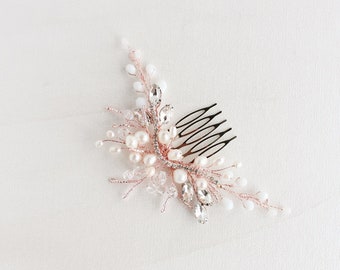 Blush bridal hair comb Rose gold wedding hair piece Rose gold pearl hair clip Crystal hair comb Rhinestone wedding headpiece