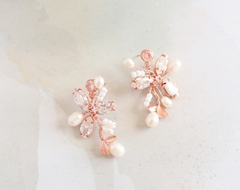 Rose gold wedding earrings CZ bridal earrings Leaf bridal earrings Bridesmaids crystal earrings Rose gold bridal jewelry set Cluster Studs