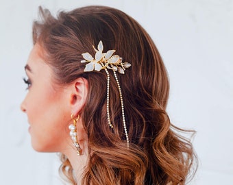 Chain bridal side hair comb Dangle wedding hair comb Flower hair comb Floral bridal comb Gold hair comb wedding Bridal head chain AURORE